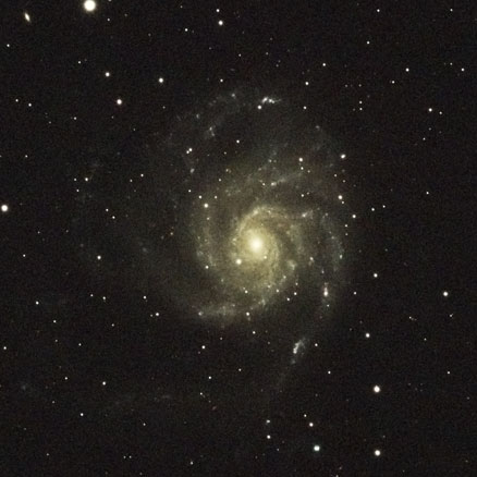 the complex spiral of M101 looks relatively small in the centre-left of this image, with the small blob of NGC 5474 to the upper-right