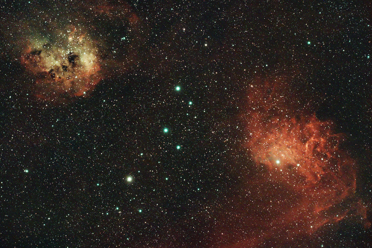The tadpole nebula is in the top-left corner here, with the two tadpoles appearing to swim downward, and the flaming star nebula looking like a burning flare to the bottom-left of the image