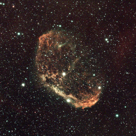 the jellyfish-like crescent nebula appears as a shell of orange gas in this image, floating in a dense region of stars, with a rich background of faint red nebulosity
