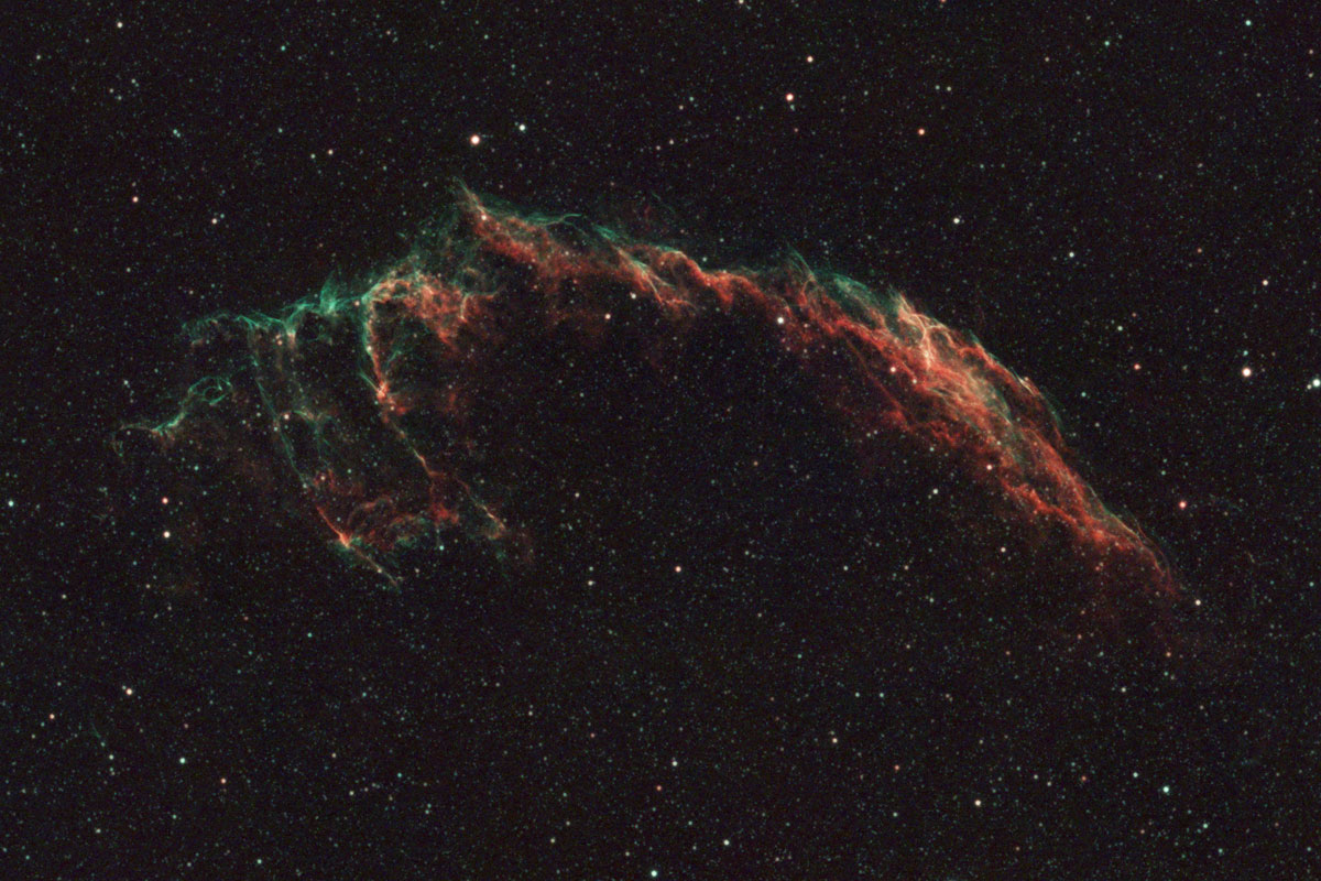The arc-shaped veil of gas spanning this image is mostly green in the upper parts and red-orange in the lower parts