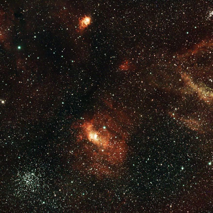 The large lobster claw nebula dominates the right half of this image, with the bubble nebula and scorpion cluster toward the bottom left